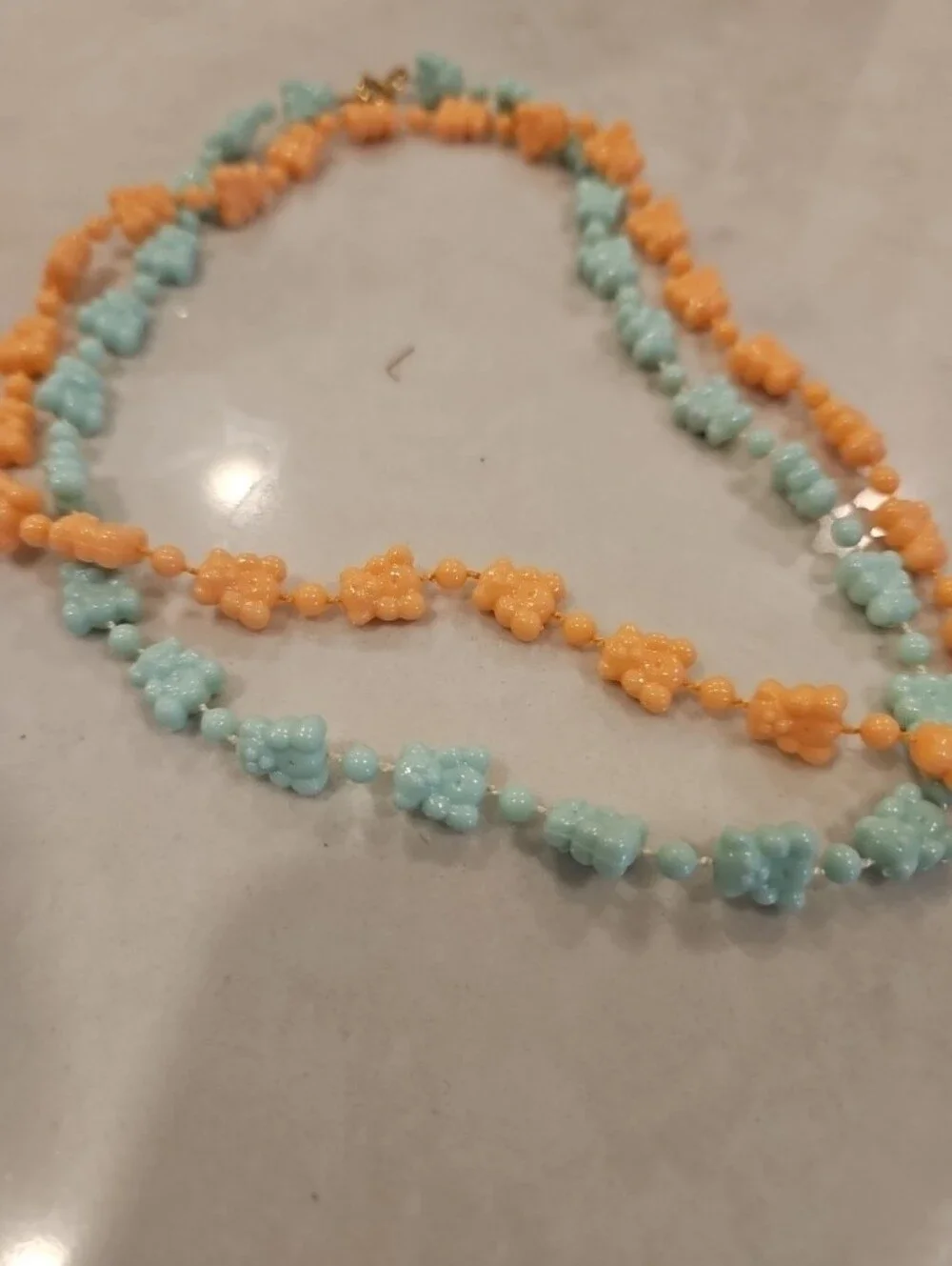 Vintage 1980s  Bear Beaded Choker  Child’s Necklace Set Peach Aqua/ Avon  Clip
